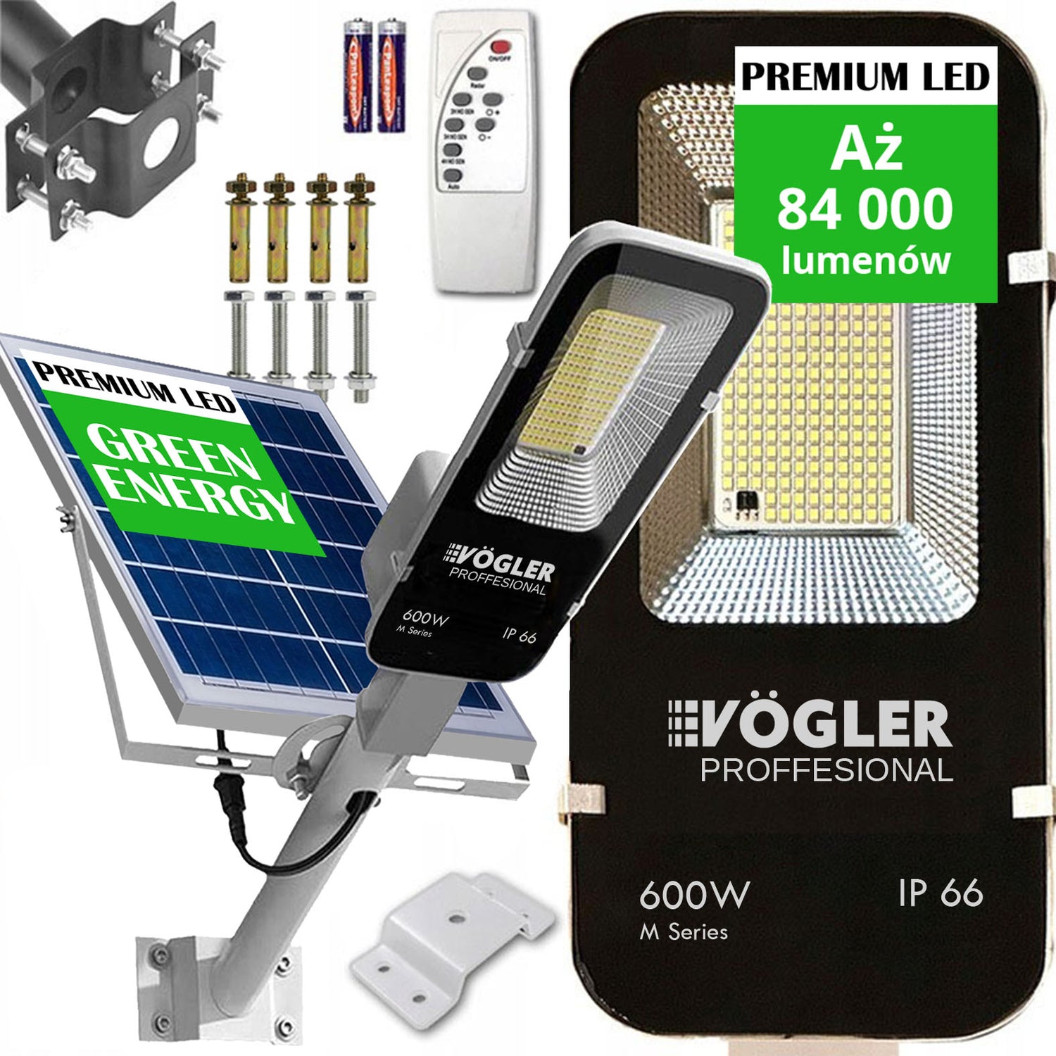 Mocna lampa solarna, czujnik zmierzchu, pilot, Vögler Professional 600W