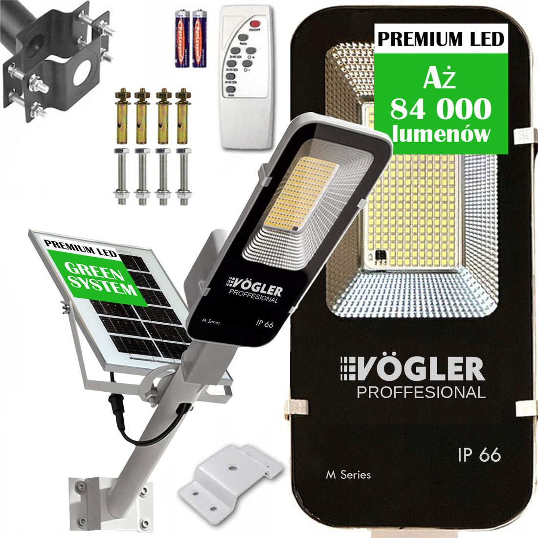 Mocna lampa solarna, czujnik zmierzchu, pilot, Vögler Professional 600W
