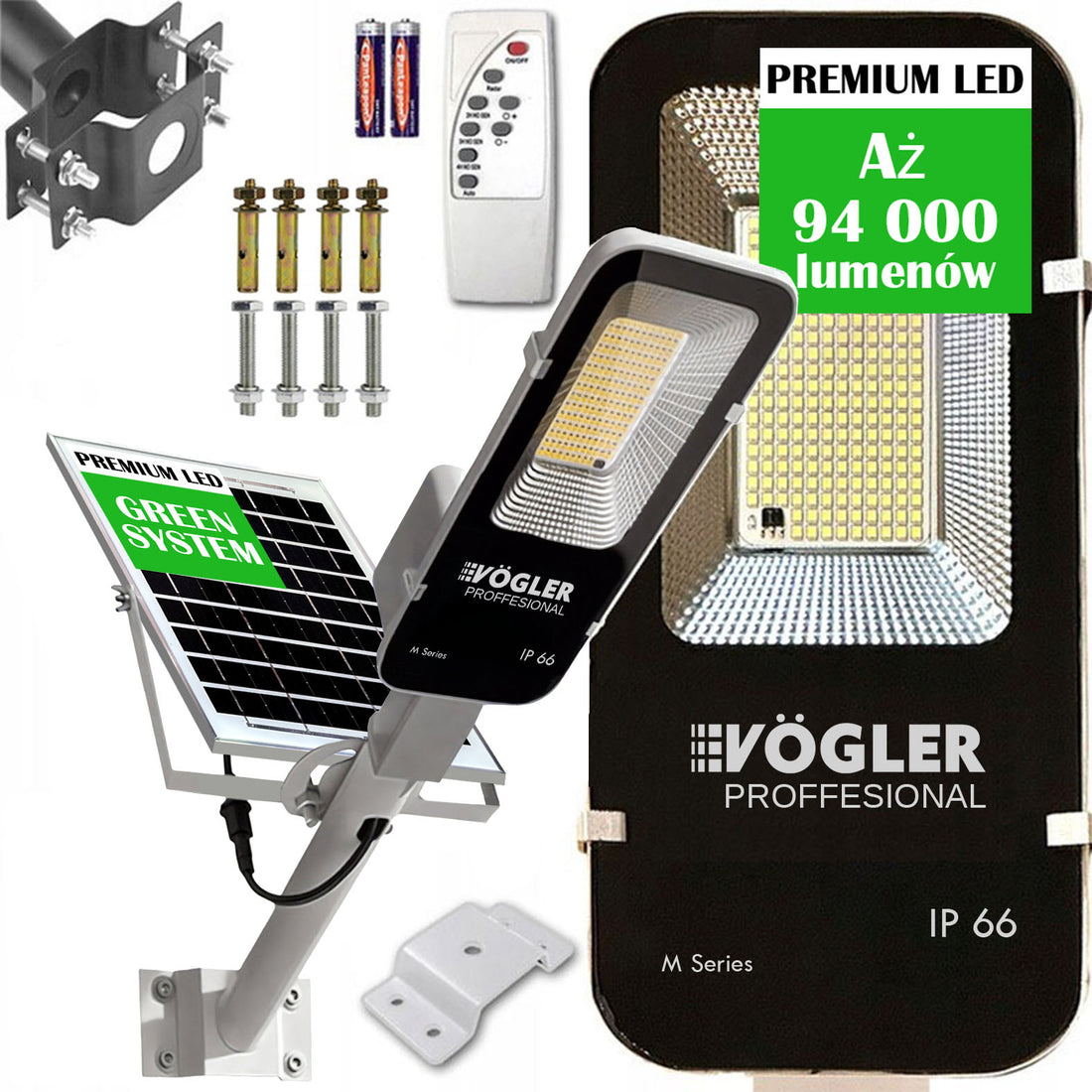 Mocna lampa solarna, czujnik zmierzchu, pilot, Vögler Professional 800W