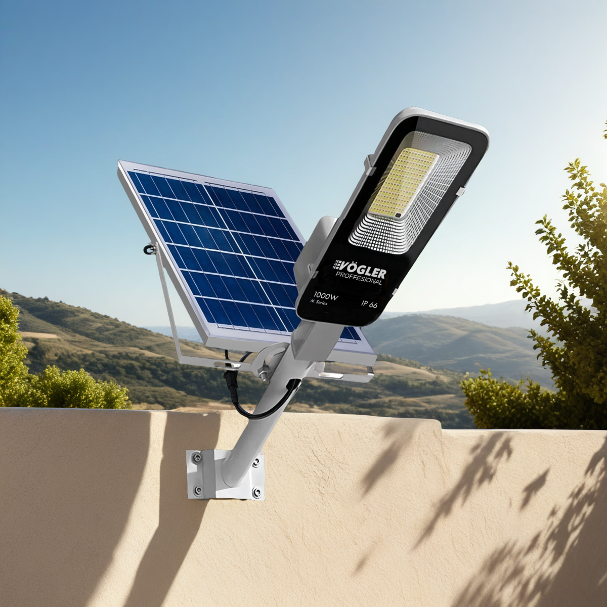 Mocna lampa solarna, czujnik zmierzchu, pilot, Vögler Professional 1000W