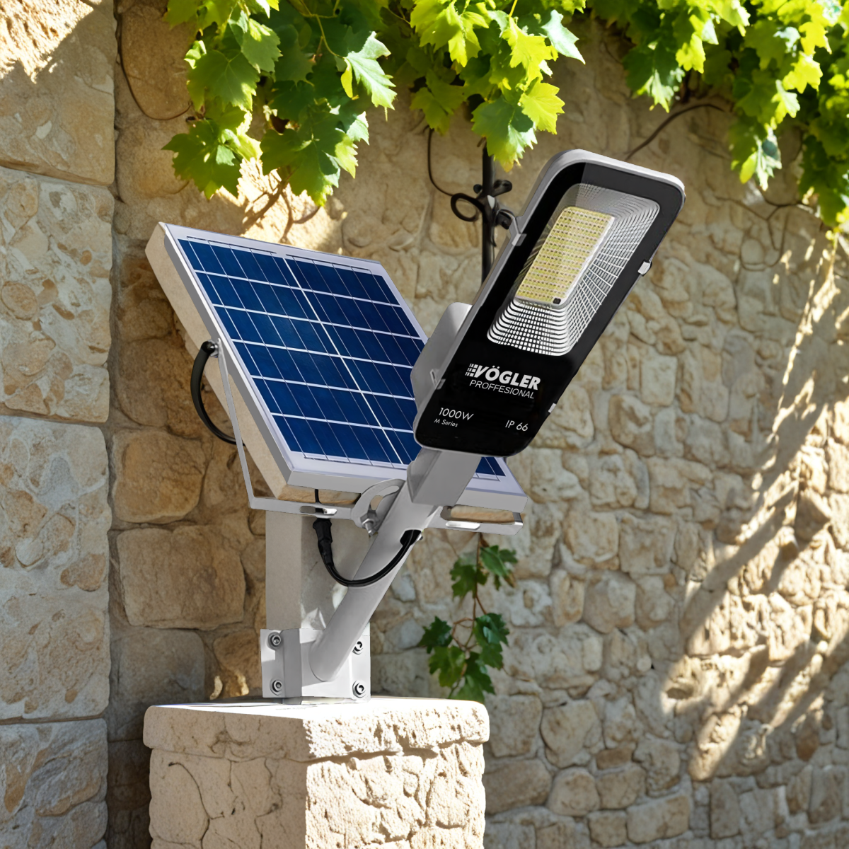 Mocna lampa solarna, czujnik zmierzchu, pilot, Vögler Professional 1000W