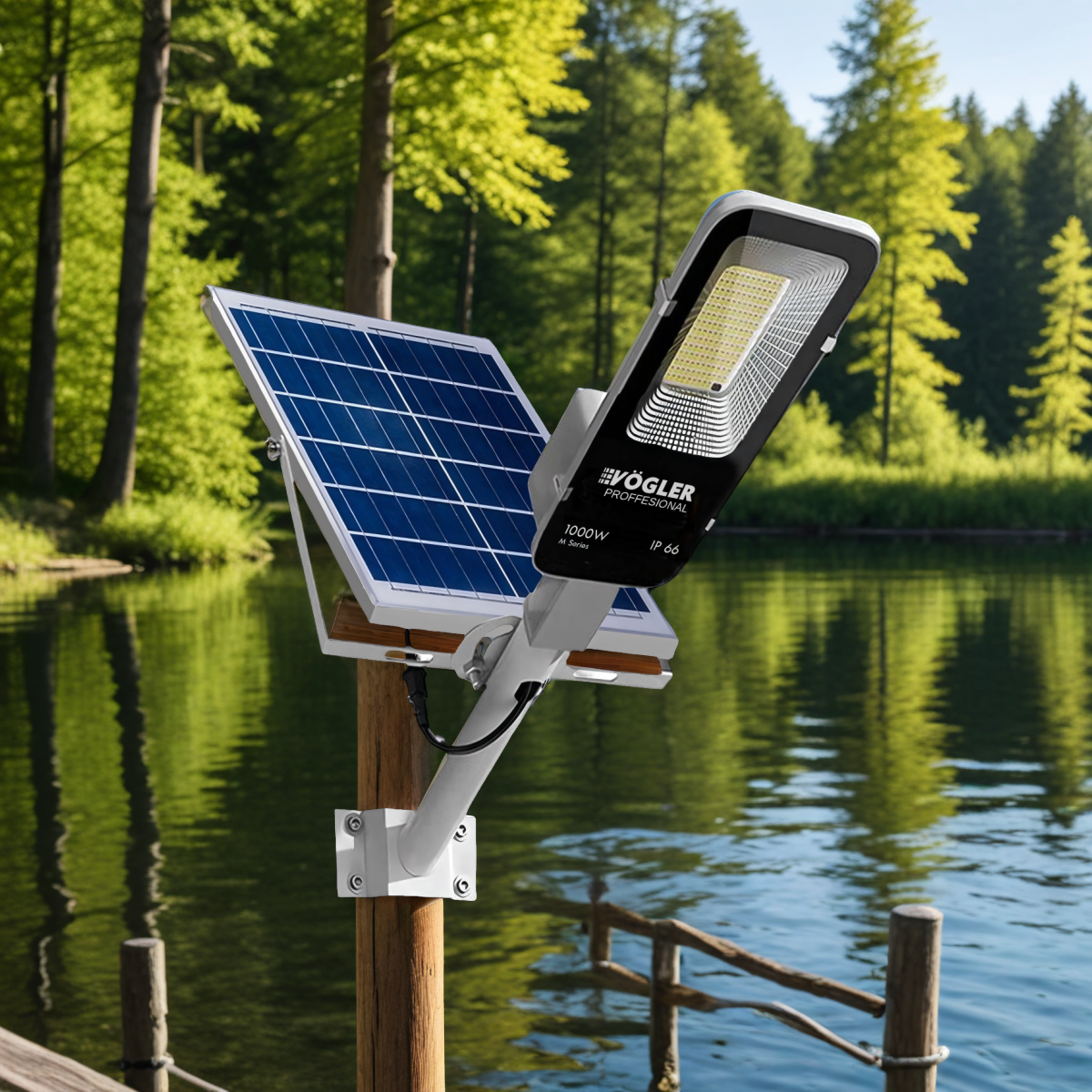 Mocna lampa solarna, czujnik zmierzchu, pilot, Vögler Professional 1000W
