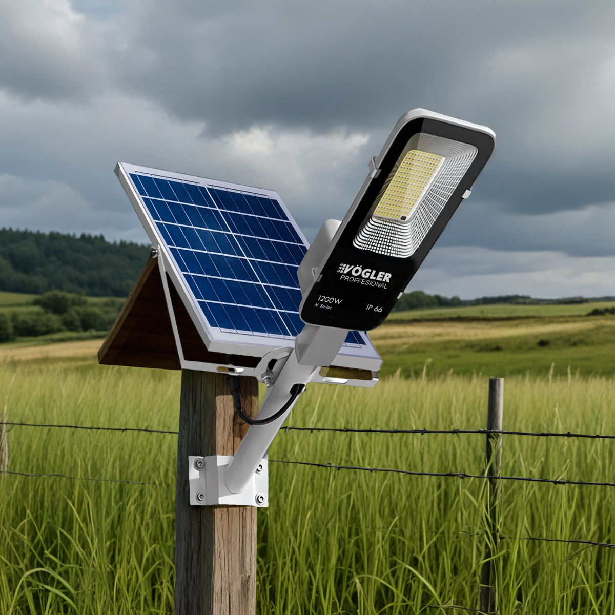 Mocna lampa solarna, czujnik zmierzchu, pilot, Vögler Professional 1200W