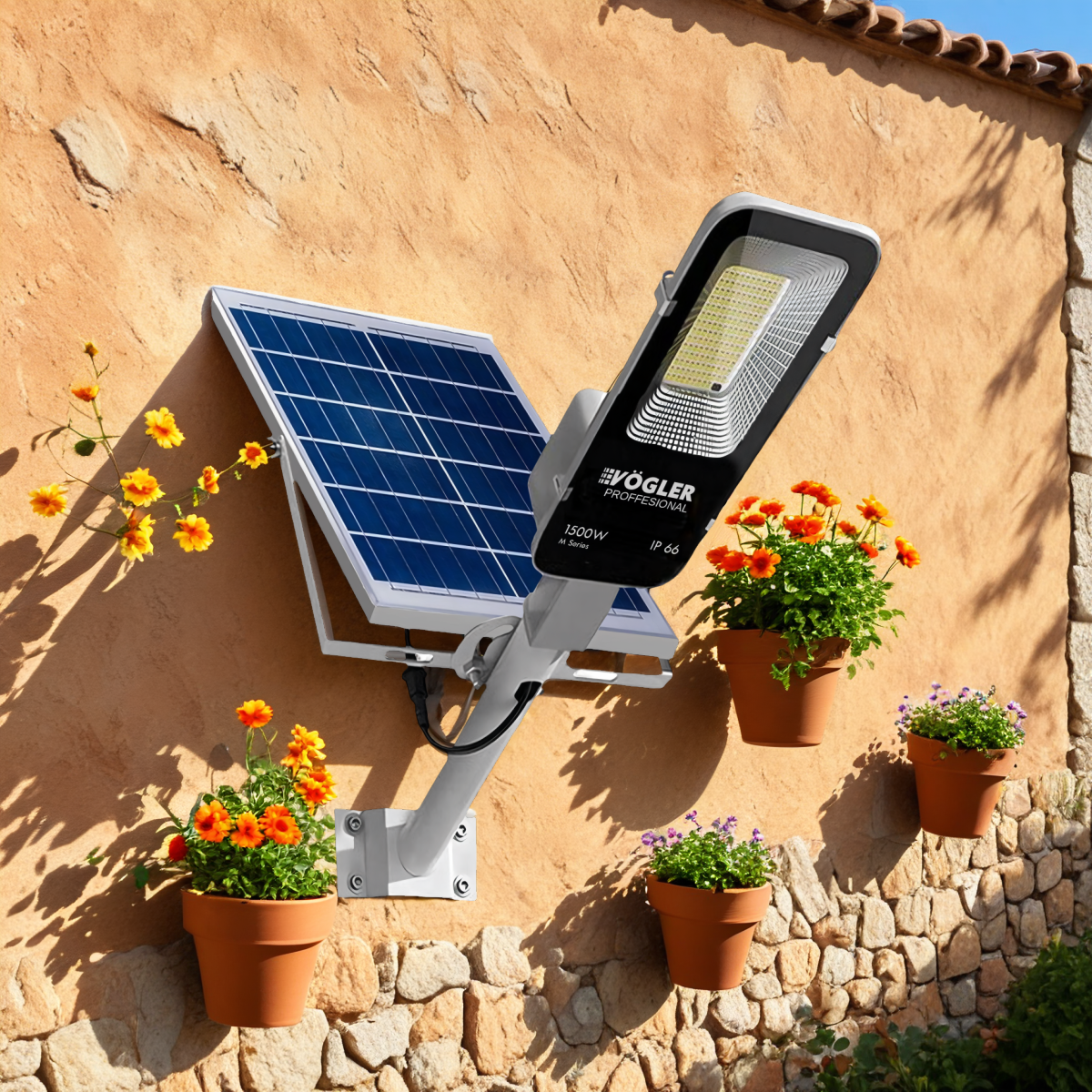 Mocna lampa solarna, czujnik zmierzchu, pilot, Vögler Professional 1500W