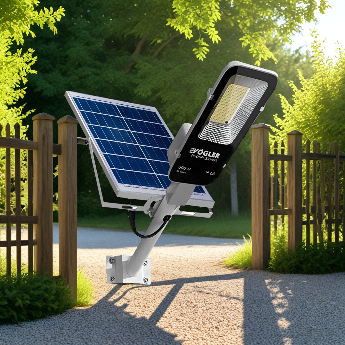 Mocna lampa solarna, czujnik zmierzchu, pilot, Vögler Professional 600W