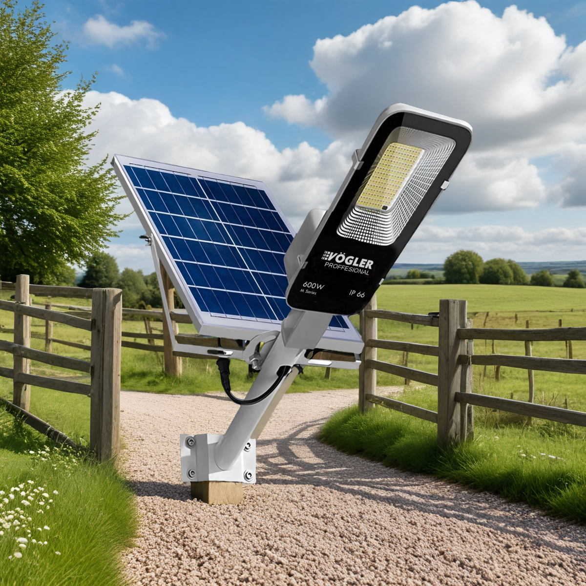 Mocna lampa solarna, czujnik zmierzchu, pilot, Vögler Professional 600W