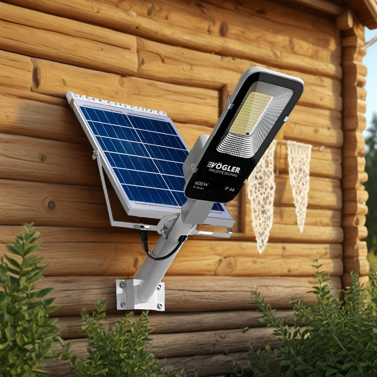 Mocna lampa solarna, czujnik zmierzchu, pilot, Vögler Professional 600W