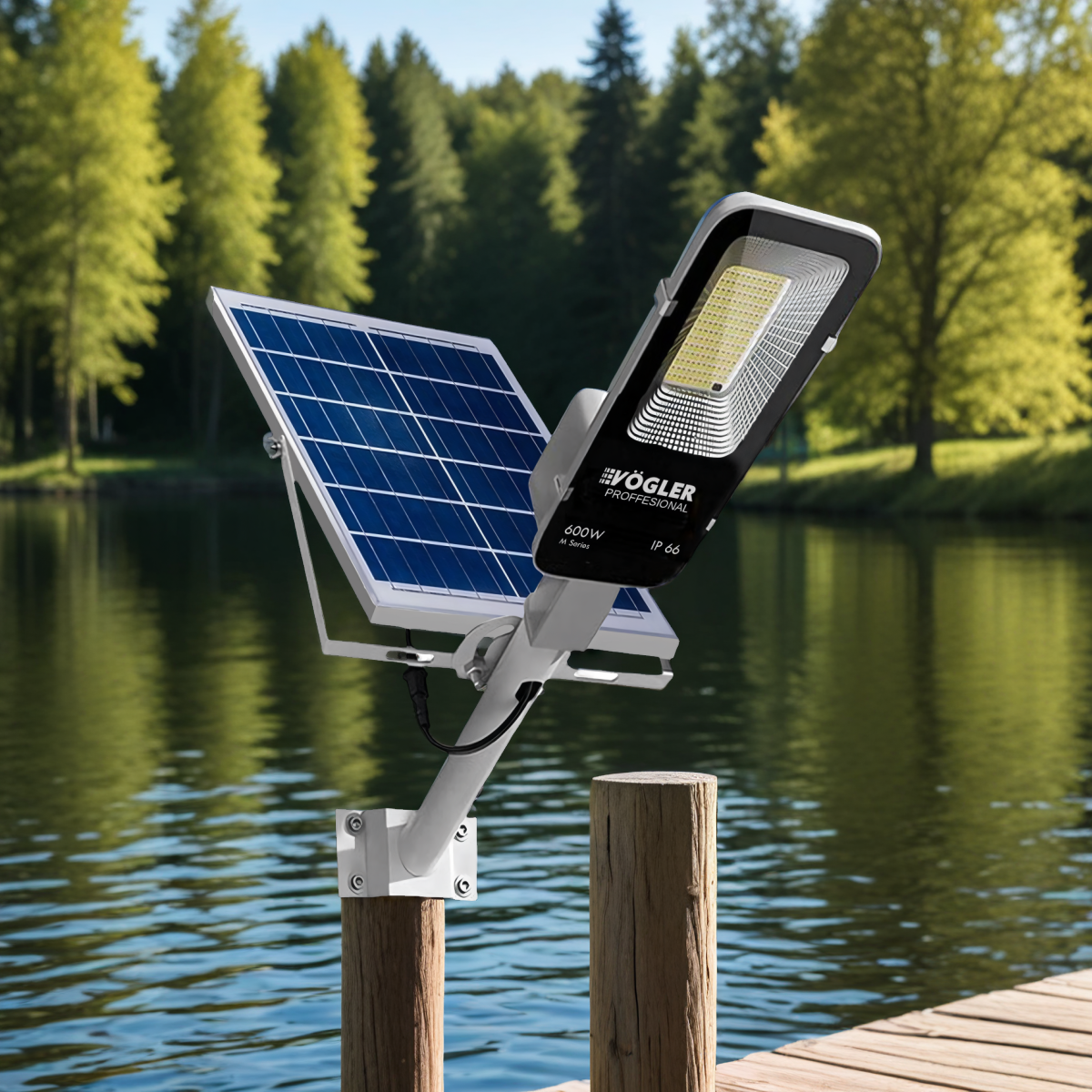 Mocna lampa solarna, czujnik zmierzchu, pilot, Vögler Professional 600W