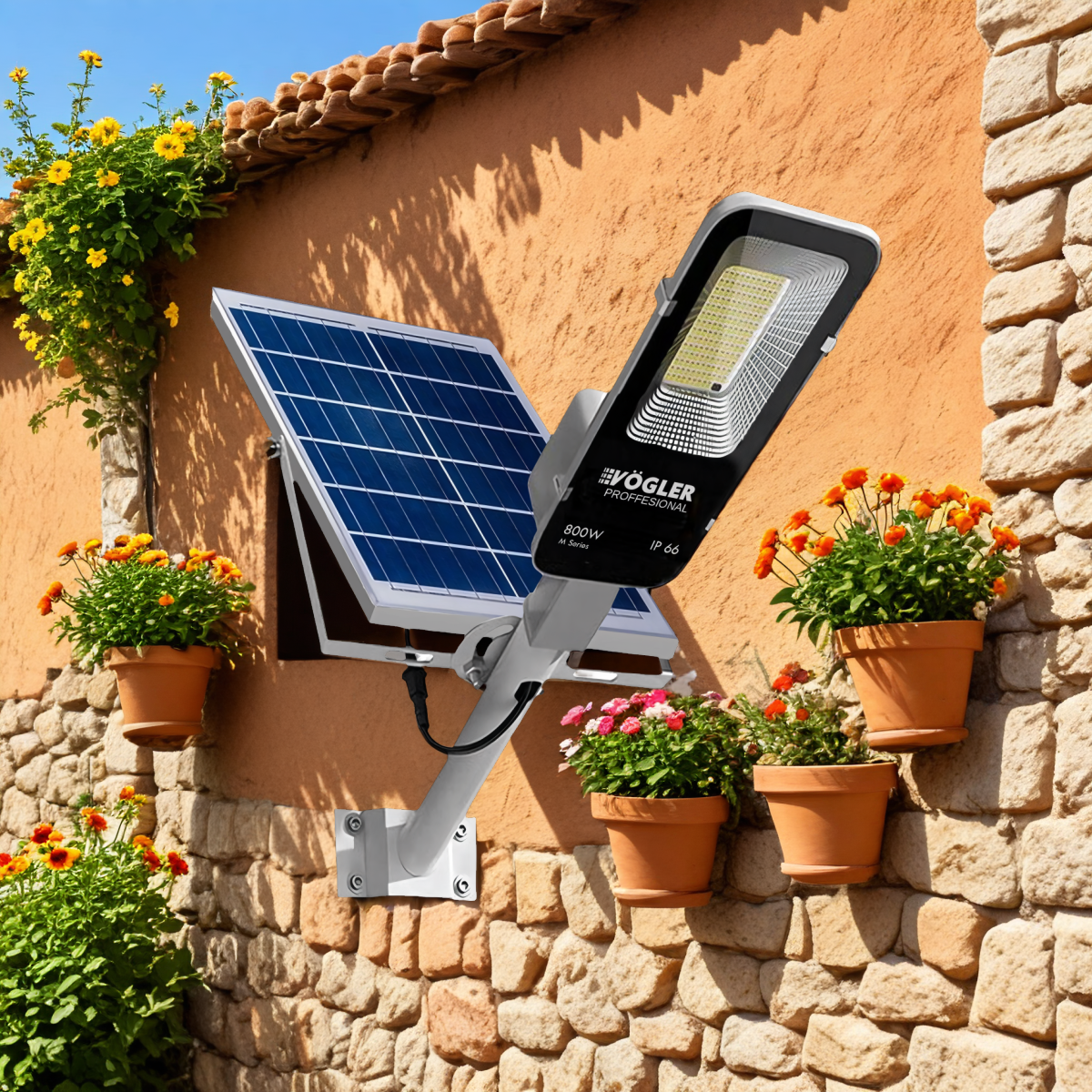 Mocna lampa solarna, czujnik zmierzchu, pilot, Vögler Professional 800W