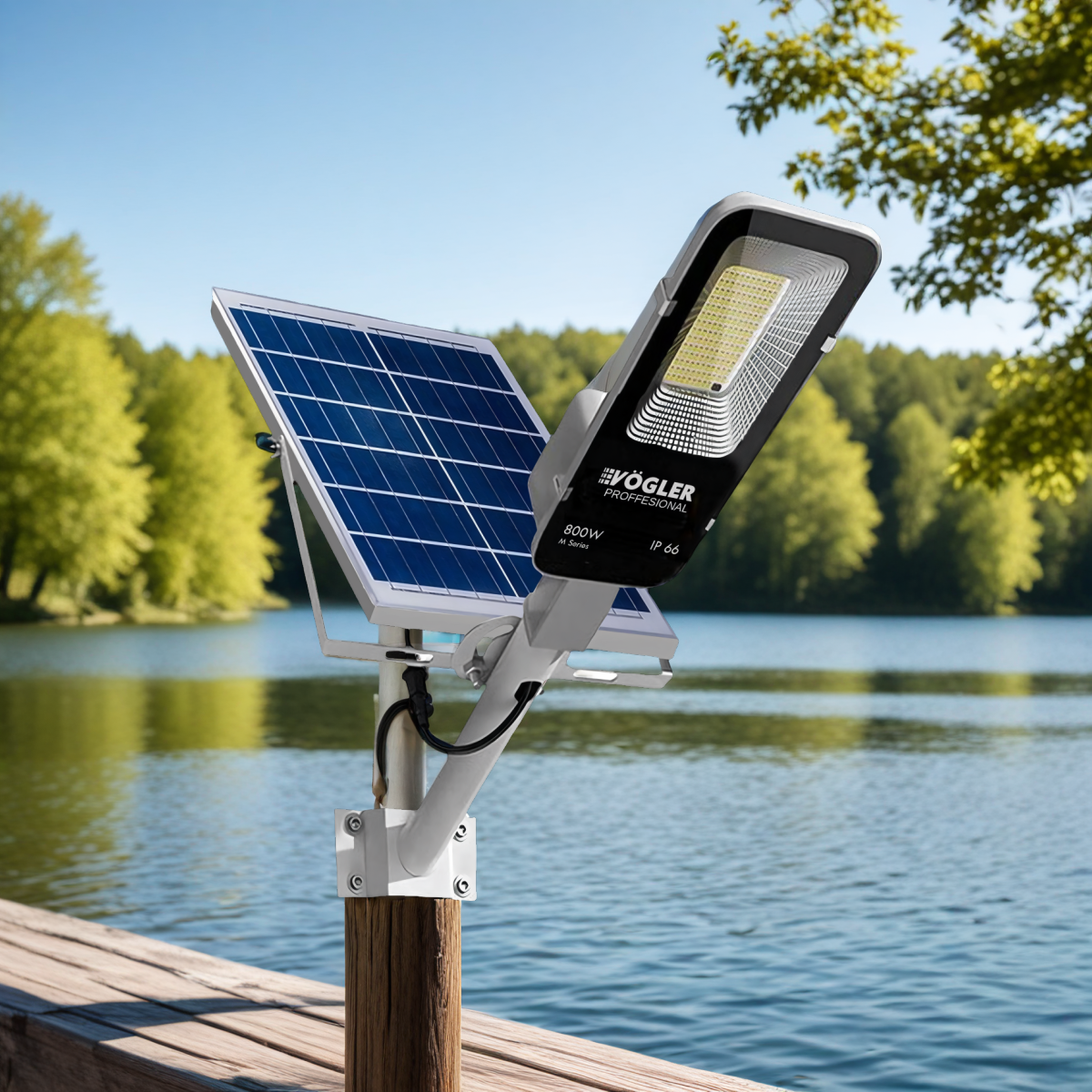 Mocna lampa solarna, czujnik zmierzchu, pilot, Vögler Professional 800W